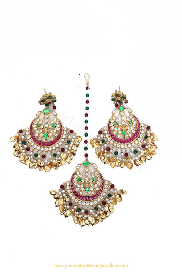 Gold Finished Pippal Patti Kundan Earrings & Tikka Set By PTJ